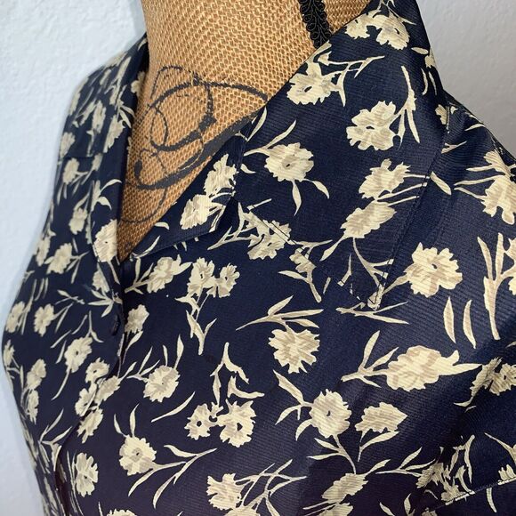 Beroluci of Paris 100% Silk Women's Sport Btn Blouse Dark Blue Tan Floral SMALL - Picture 2 of 10